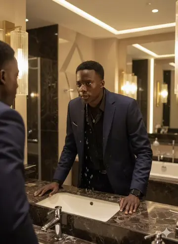 Partie 3 :PROMPT GEMINI Prompt : Un jeune homme (même apparence que sur la photo téléchargée). Éclairage doux et naturel avec une ligne de mâchoire bien définie. Il a la même coiffure  Il porte une veste de couleur *bleu de nuit , une *montre noire au poignet gauche. Le jeune homme est en train de *regarder son reflet dans le miroir d’une salle de bain luxueuse, appuyé des deux mains sur le lavabo. Son *visage est mouillé*, avec *quelques gouttes d’eau* qui coulent encore. En arrière-plan, on voit *une salle de bain luxueuse* avec un *éclairage doré et chaleureux*, créant une ambiance élégante et raffinée. #promptgemini #ia #astuce #montage #luxe #fyp