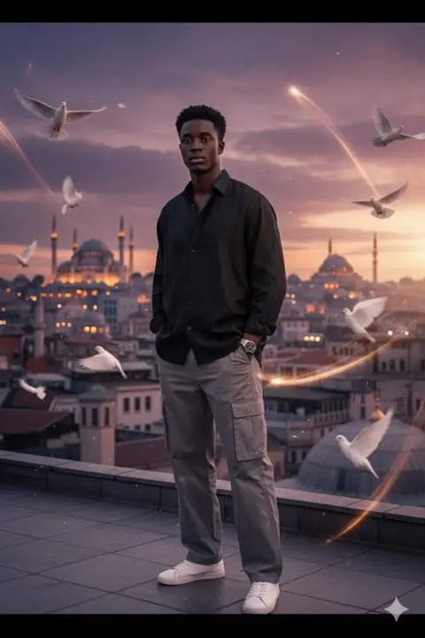 PROMPT: Create a stunning edit of me in Turkey, And 4k HD Istanbul, standing on a rooftop. I am wearing a oversized black linen shirt, grey loose cargo pants white sneakers, watch is left hand, dark hair, sharp jawline, hands in pockets, direct gaze, white pigeons are flying, adding a dreamy and cinematic atmosphere. The background should show Istanbul's skyline with a magical vibe