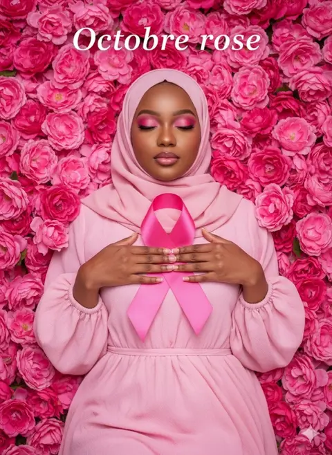 Transforme mon image en Une femme musulmane (avec des fards rose et rose à lèvres rose)portant un hijab rose et une robe rose, allongée au milieu d'un lit de roses roses. Elle tient un grand ruban rose, emblème de la sensibilisation au cancer du sein, sur sa poitrine. L'éclairage est doux et artistique, mettant en valeur ses traits et les textures de sa tenue et des roses. Les couleurs sont vives et un peu saturés Juste au dessus de la tête de la femme est écrit Octobre rose en couleur blanche (l’écriture ne touche pas sa tête) Photographie de haute qualité, ultra-détaillée, style portrait, rendu réaliste. #promptgemini #viral #feminin #octobrerose2025💗