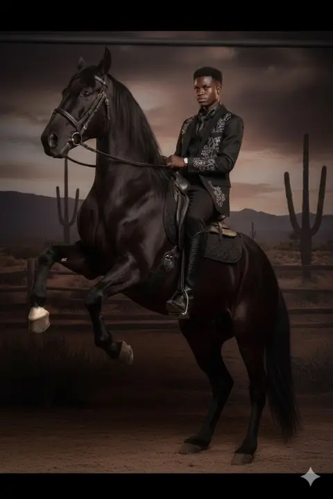 Transforme mon image en une photo pour une élégante séance photo western. Il s'agit d'un portrait de mode d'un homme confiant, assis sur un cheval noir. Il porte une tenue pour homme noire et des bottes de cowboy montant au-dessus du genou, dégageant douceur et puissance. Même visage et même coiffure , et il regarde droit devant lui, serrant un cheval dans ses bras, souriant, le regard baisse. L'éclairage spectaculaire du studio projette des ombres audacieuses sur le ranch en arriere-plan, creant un effet saisissant. 🎵 Ambiance de la bande originale: #fyp #viral #prompt_gemini