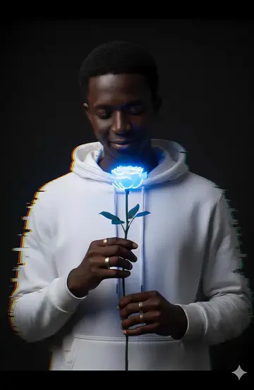 PROMPT : Un jeune homme confiant,portant un sweat-shirt blanc à capuche, au centre. Il tient délicatement une rose blanche et rouge à deux tons avec une lumière néon bleu uniquement sur la fleur de la rose  Action/Pose : L'homme regarde la rose avec un sourire au coin . Ses mains (avec des bagues argentées minimalistes) tiennent la tige de la fleur au centre de l'image. Décor/Éclairage : Ambiance de studio sombre et dramatique. L'arrière-plan est noir uni. Utilisation d'un éclairage de bord (rim light) pour séparer les sujets du fond. Lumière douce et tamisée sur les visages. Style/Effet : Style photographique réaliste. Ajoutez un effet de distorsion numérique (glitch effect), avec des lignes horizontales blanches et une légère aberration chromatique, spécialement sur le visage de l'homme et sur le bord du sweat-shirt, pour créer une ambiance d'image corrompue ou de souvenir fragmenté. Cinématique, haut-de-gamme, ultra-détaillé. #blow_of_love #gemini #viral