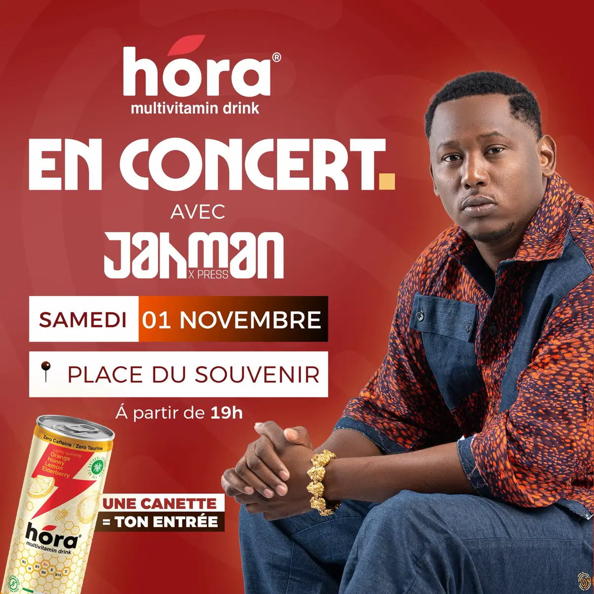 Hora la nouvelle boisson 100% naturelle en concert avec Jahman Xpress le 01 Novembre à partir de 19h à la place du souvenir  Pour participer à l’événement veuillez vous inscrire sur le site hora-senegal.sn et acheter en ligne une cannette qui sera votre tickets d’entrée pour le concert. Vous pouvez aussi vous rendre dans les grandes surfaces exclusives vnd et yoff ou les boutiques maad pour acheter une cannette hora qui sera aussi votre tickets d’entrée pour le concert  Sans oublier une grande tombola sera organisé pour y participer il suffit d’acheter un pack Hora afin d’obtenir un tickets et tenter de remporter un iPhone 17 Donc rendez-vous le 01 novembre à la place du souvenir avec Jahman Une canette = ton entrée #jahmanxpress #arva #boissonhora #hora