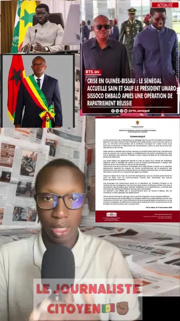 COMMUNIQUÉ du Ministère de l'Intégration africaine, des Affaires étrangères et des Sénégalais de l'Extérieur Le Gouvernement de la République du Sénégal informe que Son Excellence Monsieur Bassirou Diomaye Diakhar Faye, Président de la République, a pris une part active, ce jour, au Sommet extraordinaire de la CEDEAO, convoqué en mode virtuel pour examiner la situation en République de Guinée-Bissau, suite à la prise du pouvoir par des éléments de l'armée. Cette session a adopté entre autres mesures, la condamnation ferme de la tentative de prise du pouvoir par la force, l'appel au rétablissement de l'ordre constitutionnel, ainsi que la libération sans délai du Président Umaro Sissoco Embaló et de l'ensemble des personnes détenues. Les Chefs d'Etat ont également décidé la mise en place d'un comité de médiation restreint, dont le Sénégal fait partie et qui se rendra prochainement à Bissau afin d'assurer le suivi de la mise en œuvre de ces mesures. Intervenant lors de ce Sommet, le Président de la République a insisté sur le caractère absolument essentiel du respect de l'ordre constitutionnel, de la protection des populations, ainsi que de la conduite de tout processus électoral dans un climat apaisé, sécurisé et conforme aux mécanismes régionaux établis. Depuis le début de la crise, les autorités sénégalaises, sous la conduite personnelle du Chef de l'Etat, sont en communication directe avec l'ensemble des acteurs bissau-guinéens concernés. Ces échanges ont notamment porté sur la libération du Président Embaló et de certains de ses compagnons, de tous les autres acteurs politiques arrêtés, ainsi que la réouverture des frontières pour faciliter l'exfiltration et le rapatriement, y compris des membres des différentes Missions d'observation électorales. Un aéronef a été affrété par le Gouvernement pour se rendre à Bissau, afin de contribuer à cette opération de rapatriement. Cela a permis l'arrivée au Sénégal sain et sauf du Président Umaro Sissoko EMBALO. Le Gouvernement de la République du Sénégal réaffirme sa disponibilité à œuvrer aux côtés de la CEDEAO, de l'Union Africaine et de tous les partenaires concernés, en vue de soutenir le dialogue, la stabilité et la restauration rapide de l'ordre constitutionnel et de la légitimité démocratique dans ce pays frère. #tiktoksenegal🇸🇳 #senegalaise_tik_tok🇸🇳pourtoichallenge #senegal #pourtoi #information