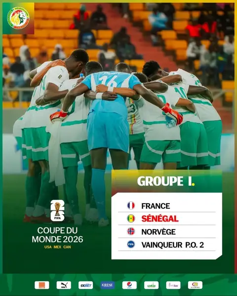 Télécharger Le Sénégal connaît désormais ses adversaires pour la Coupe du Monde FIFA 2026, prévue du 11 juin au 19 juillet aux États-Unis, au Mexique et au Canada. Nos Lions évolueront dans le groupe I aux côtés de la France, de la Norvège et du Barragiste FIFA 2 (Irak, Suriname, Bolivie). #FIFAWC2026 |#senegal221 #senegalaise_tik_tok