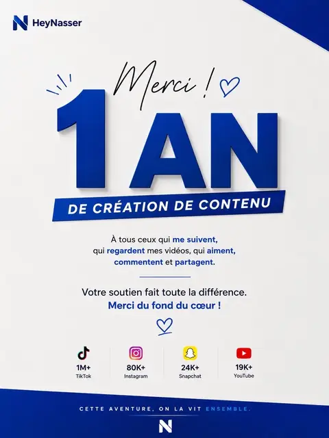 MERCI. ❤️ 1 an de création de contenu. 1 an de rencontres, de projets, de défis et surtout… 1 an à vos côtés. Merci à toutes les personnes qui me suivent, qui regardent mes vidéos, les partagent, commentent et m’encouragent chaque jour. Cette aventure, je ne la vis pas seul. Merci pour votre confiance. La suite ne fait que commencer. 🚀 — HeyNasser